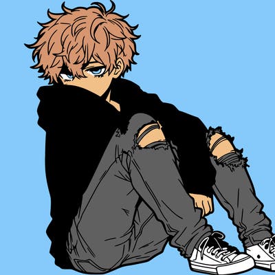 a male hoddie ripped jeans messy hair anime