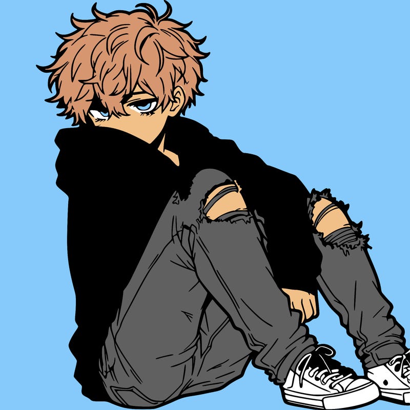 a male hoddie ripped jeans messy hair anime