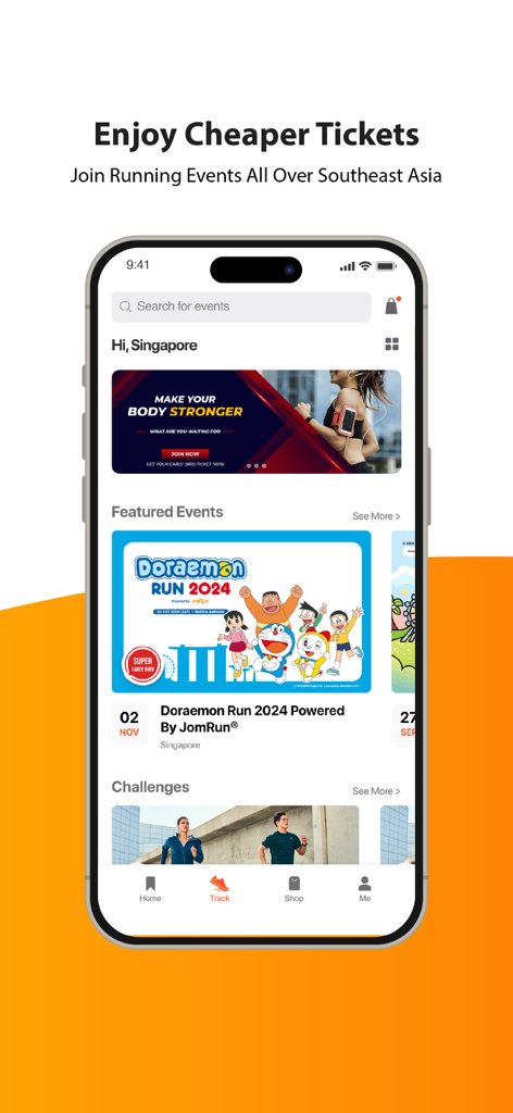 JomRun app interface displaying featured running events and challenges across Southeast Asia
