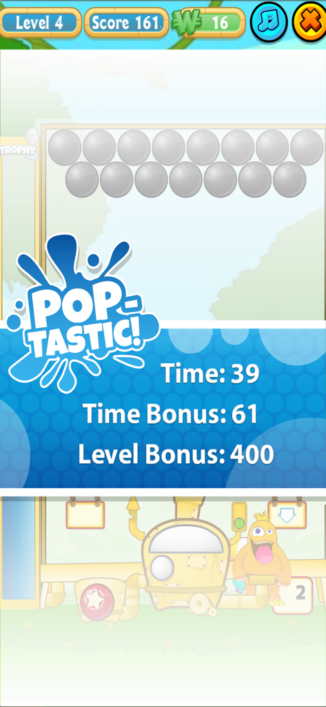 Zingoz Pop level complete screen showing time and bonus point totals