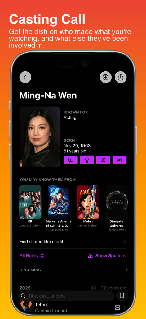 Callsheet: Find Cast & Crew - Callsheet app actor profile screen for Ming-Na Wen showing her bio filmography and age in a dark mode interface
