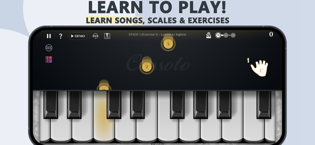 Accordion Piano Cassoto - Interfaz de aprendizaje de la aplicación Accordion Piano Cassotto con un teclado y una guía de notas interactiva