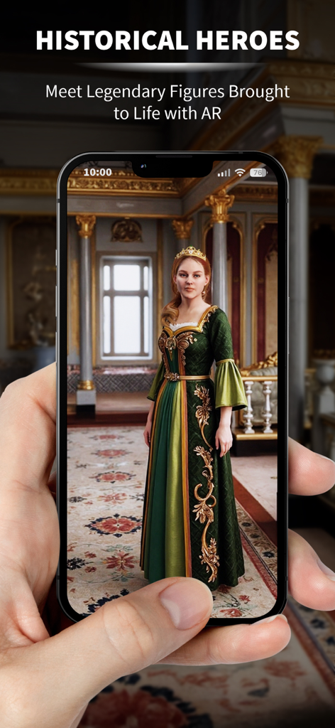 DREAL Museums - A smartphone screen displaying a 3D augmented reality historical queen in a royal hall through the DREAL Museums app