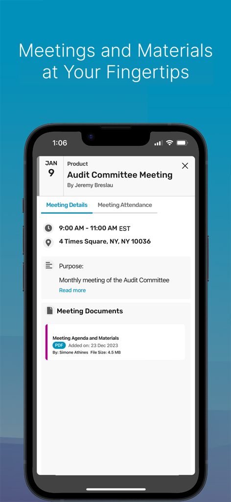 Nasdaq Boardvantage Go - Nasdaq Boardvantage Go app showing meeting details for an Audit Committee meeting including time location and documents