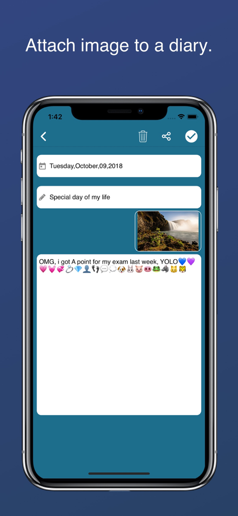 Diary with lock - A journal entry screen in the Diary with lock app featuring an attached waterfall photo and text with emojis.