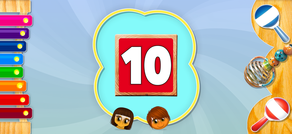 ABCs Song - Écran éducatif de l'application ABCs Song présentant le chiffre dix et des instruments de musique pour les tout-petits