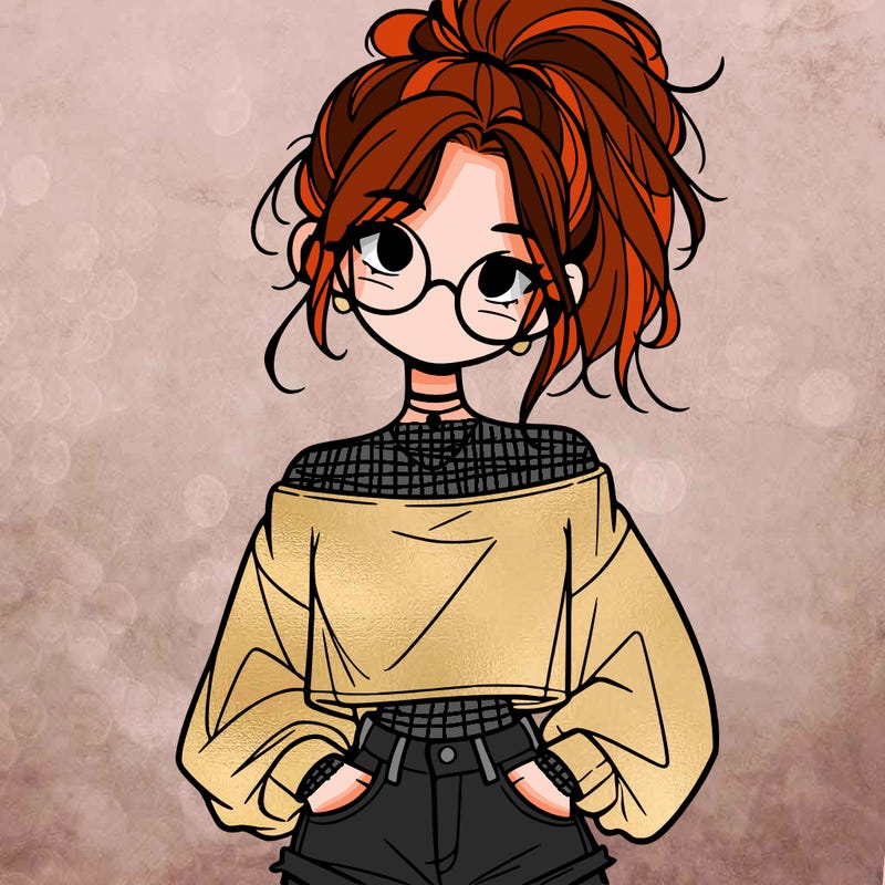 girl with a messy ponytail glasses a baggy crop top and jean shorts