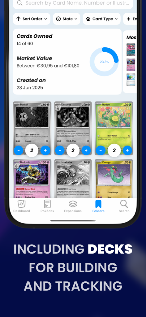Dex - for TCG Collectors - Mobile screen of Dex app showing card collection folders with market values and deck tracking stats