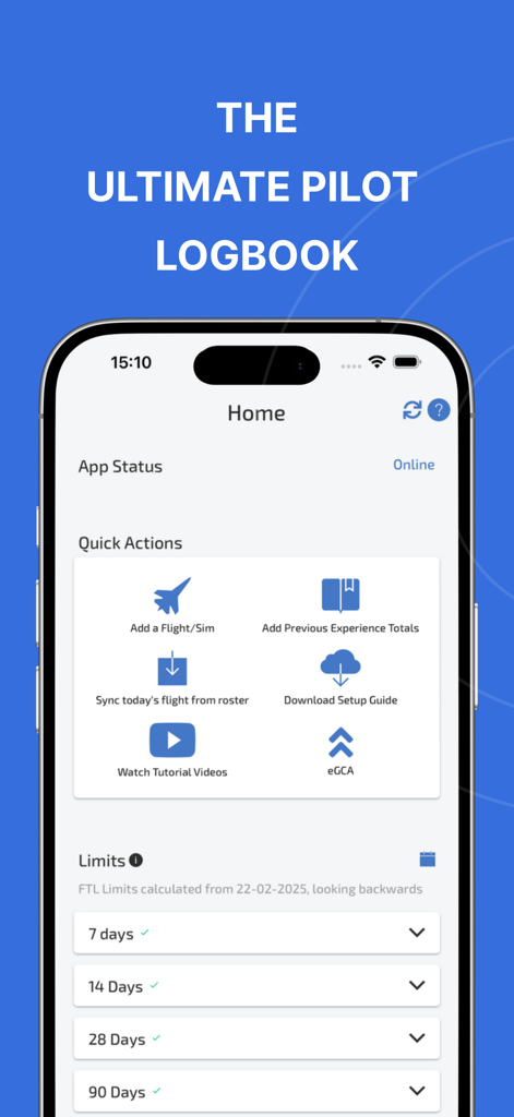 Wingman Pilot Logbook - Wingman Pilot Logbook app dashboard showing flight logging and roster sync options