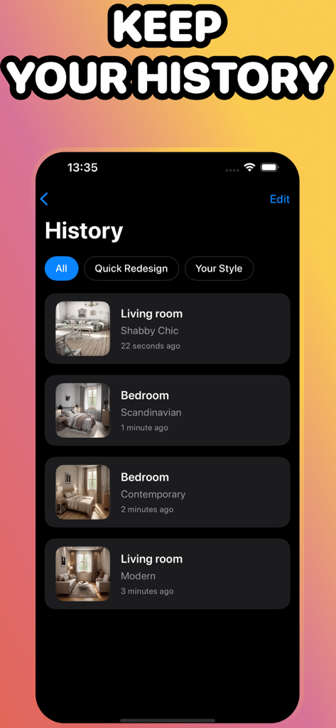 AI Home Design - DecorAI - A history screen in the DecorAI app showing a list of saved AI home design transformations for living rooms and bedrooms