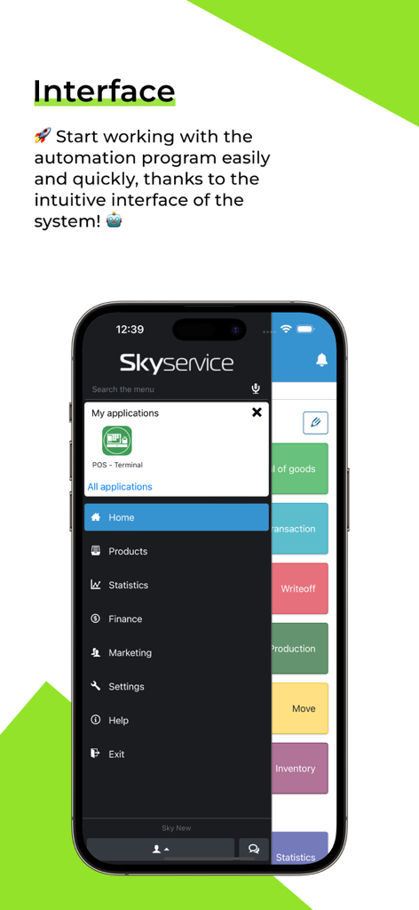 SkyPOS Cloud POS - SkyPOS Cloud POS mobile app interface showing the navigation menu for business operations.