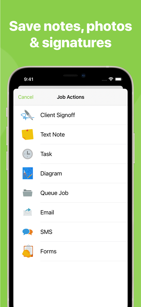 ServiceM8 - Field Service App - ServiceM8 mobile app interface showing a menu of job actions including client signoff, notes, and tasks