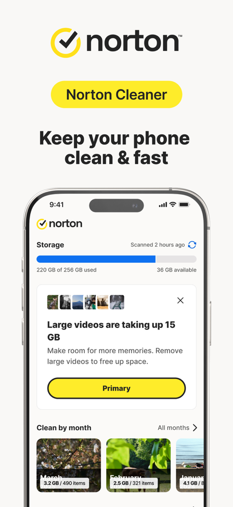Norton Cleaner: Phone Cleanup - Norton Cleaner app interface on an iPhone displaying storage usage and a recommendation to delete large videos to free up space.