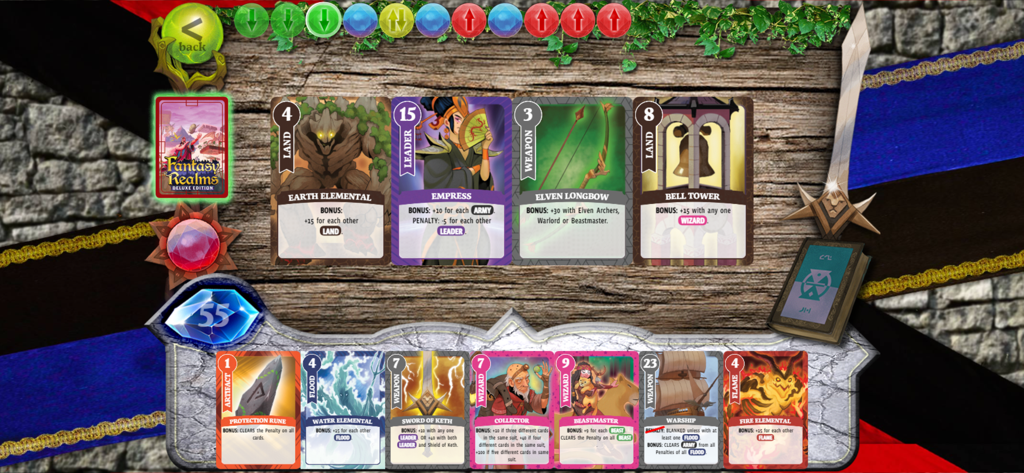 Fantasy Realms by WizKids - Gameplay screenshot of Fantasy Realms showing a hand of cards including Earth Elemental and Empress on a wooden background.