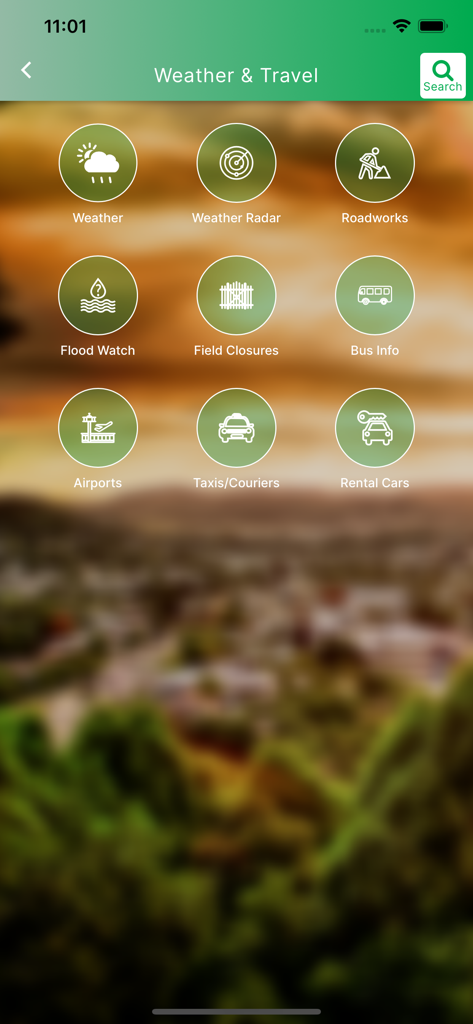 The Lismore App - The Lismore App weather and travel menu showing icons for weather radar roadworks and local transport