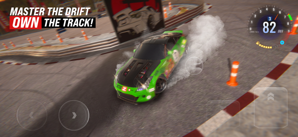 TDZ X: Traffic Driving Zone - Un'auto personalizzata verde e nera esegue una derapata con fumo su una pista di gara in TDZ X Traffic Driving Zone