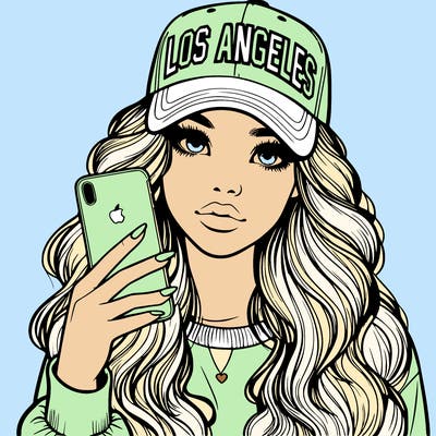 realistic beautiful girl wearing los ángeles cap holding an iphone