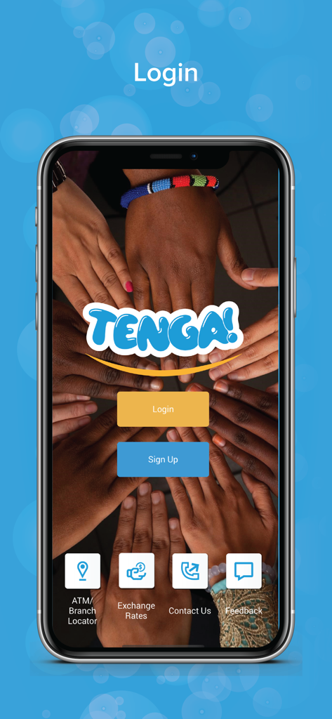 Tenga Mobile Money - Pantalla de inicio de sesión de la aplicación Tenga Mobile Money con manos diversas unidas e iconos de navegación para localizador de sucursales y tipos de cambio