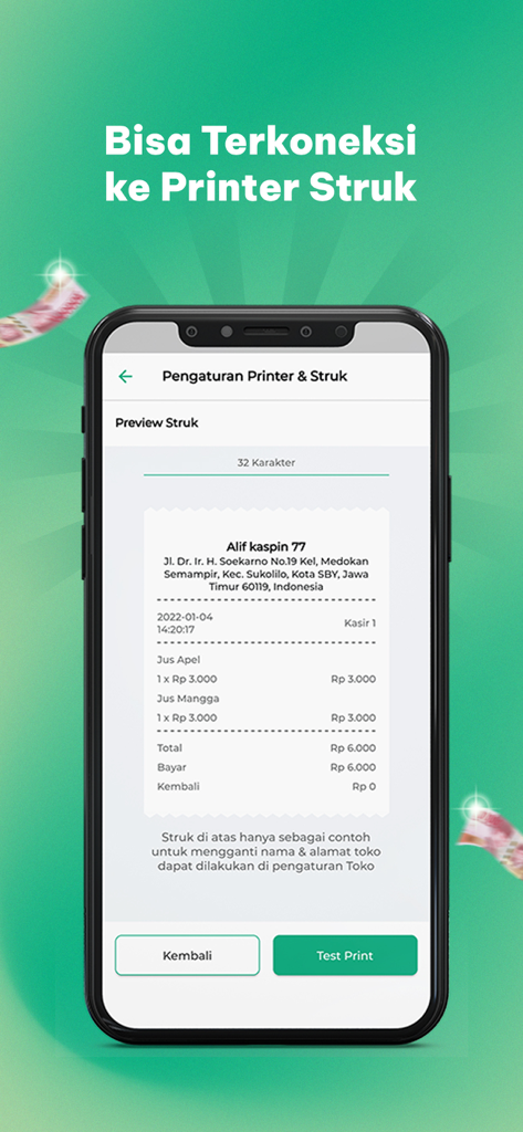 Kasir Pintar POS app interface showing a digital receipt preview and printer configuration settings.