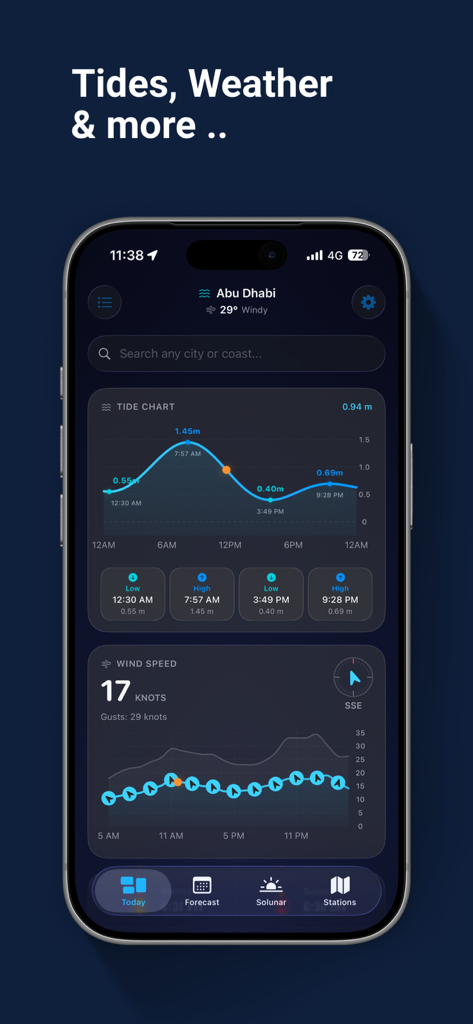 AlMayeh: Tides, Weather & More - Screenshot of AlMayeh app showing a tide chart and wind speed forecast on a mobile dashboard