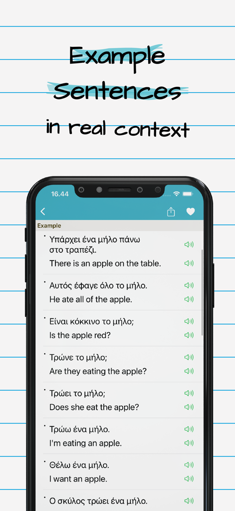 Greek English Dictionary Pro + - Greek English dictionary app screen displaying example sentences in both languages with audio pronunciation icons