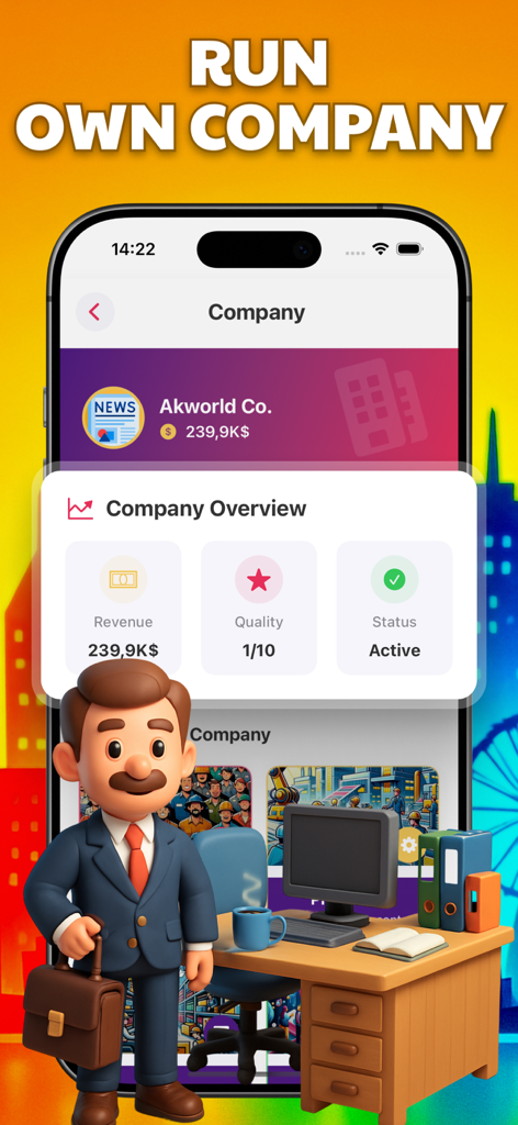 Business Game - Life Simulator - A mobile game screen showing a company overview with revenue and status metrics next to a cartoon businessman character.