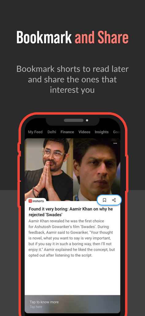 Inshorts mobile app screen showing options to bookmark and share short news articles.