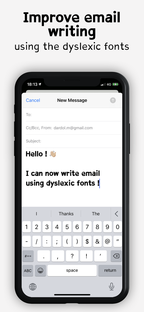 Dyslexia fonts - iPhone画面。ディスレクシアに配慮した専門フォントを使用して作成中のメールメッセージが表示されている。