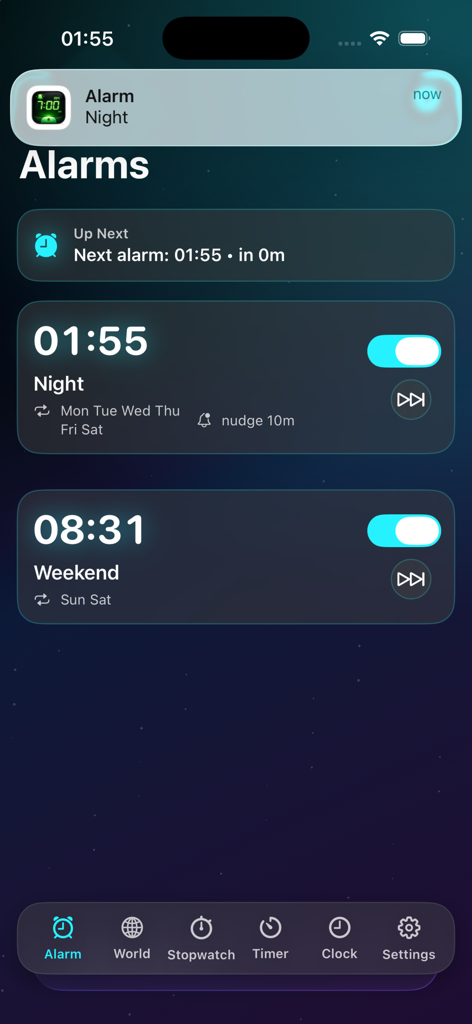Alarm Clock – Loud Wake Up* - A list of scheduled alarms on a dark interface within the Alarm Clock Loud Wake Up app showing night and weekend settings.