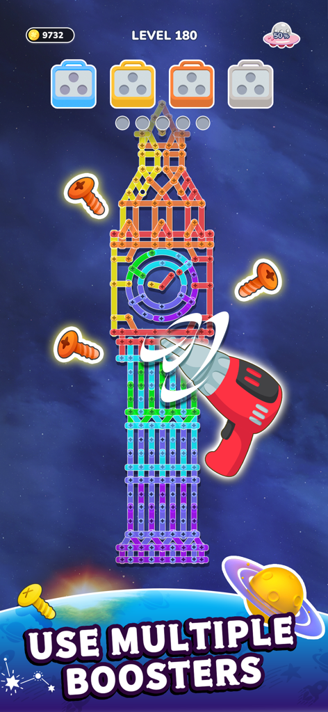 Screw Master: Color Nuts Jam - A screenshot of Screw Master Color Nuts Jam showing a colorful tower puzzle and a red drill booster being used.