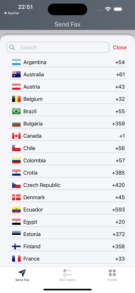 List of international countries and dialing codes for sending faxes in the MobiFax app