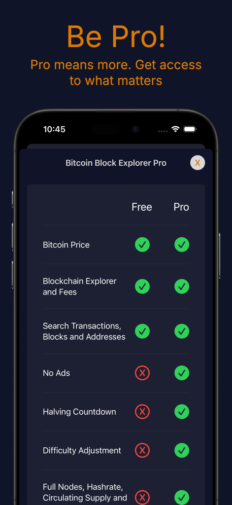 Bitcoin Blockchain Explorer - Una tabella comparativa che mostra le differenze tra la versione gratuita e quella pro dell'app Bitcoin Blockchain Explorer