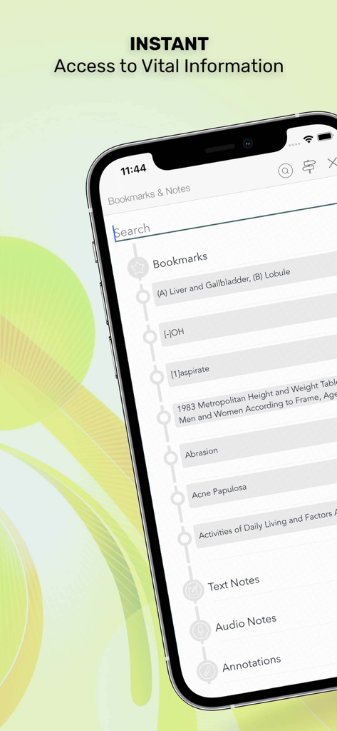 Taber’s Medical Dictionary - Bookmarks and notes interface in the Taber's Medical Dictionary app showing search and saved medical terms for quick access.
