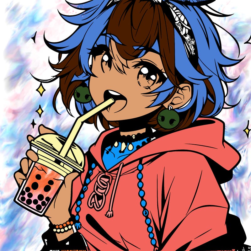 hot baddie anime girl drinking boba and biting the straw