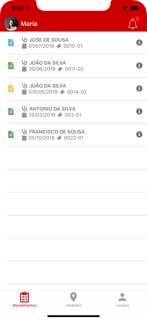 Laboratório Clementino Fraga - Uma lista de resultados de exames de laboratório para vários pacientes na interface do aplicativo Laboratorio Clementino Fraga.
