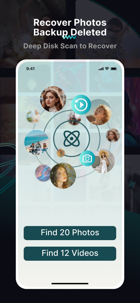 Photo Recovery-Recover Photos - 削除された写真や動画を復元するためのディープディスクスキャンを示すiPhoneアプリ画面。アクションボタン付き。