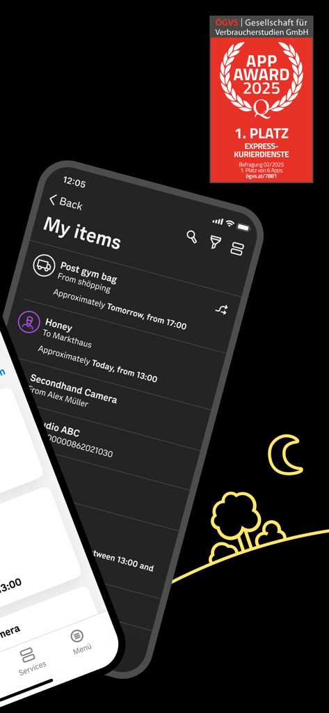 Interface of the Post Parcel Tracking app in dark mode showing a list of tracked items and an award badge for courier services.
