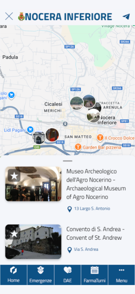 Mobile app map interface showing points of interest and historical sites in Nocera Inferiore Italy