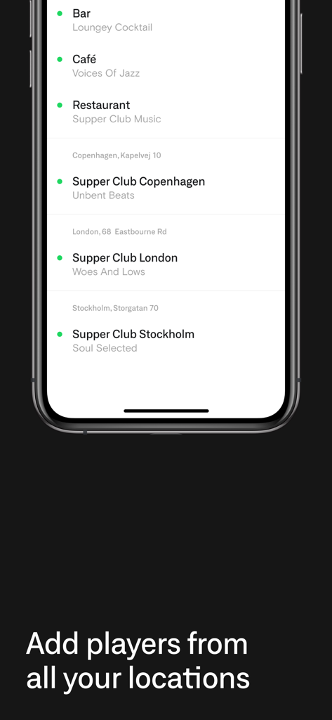 Smartphone screen showing the Soundtrack Enterprise Remote app with a list of music players for multiple business locations including a bar, café, and restaurants.