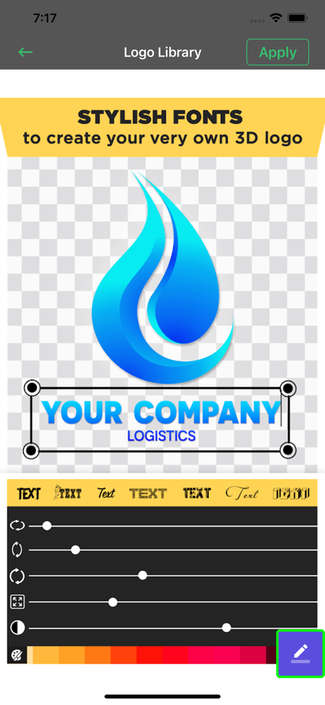 Create Logo Maker for Business - Una interfaz de aplicación móvil para diseñar logos de negocios con fuentes y colores personalizados.