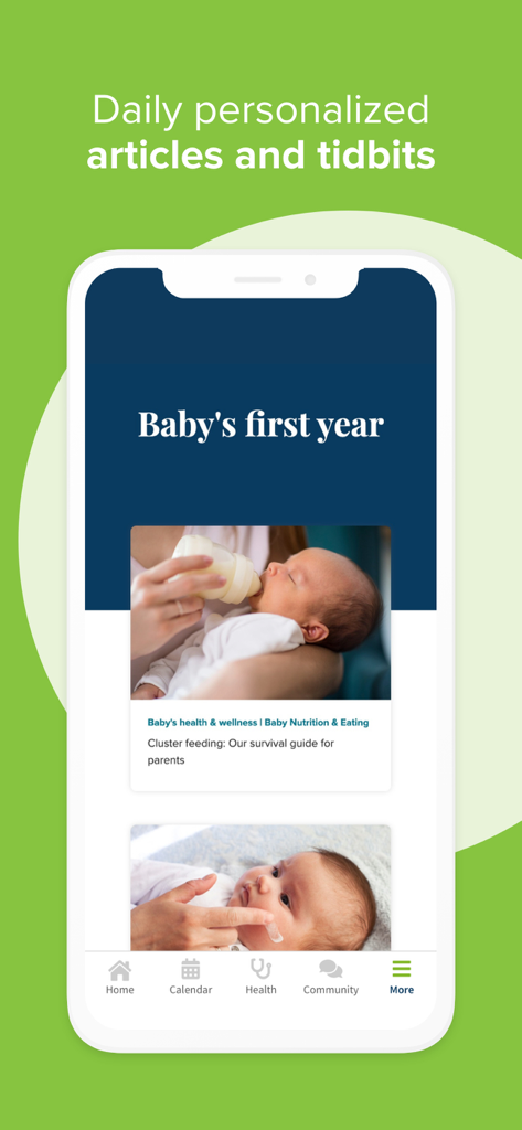 Ovia Parenting app interface showing daily personalized articles and survival guides for a baby first year