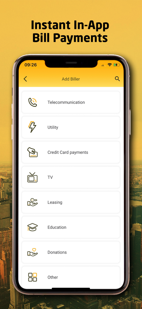 Tela do aplicativo móvel BOC SmartPay mostrando opções para pagamentos instantâneos de contas no aplicativo, incluindo categorias de serviços públicos e cartões de crédito