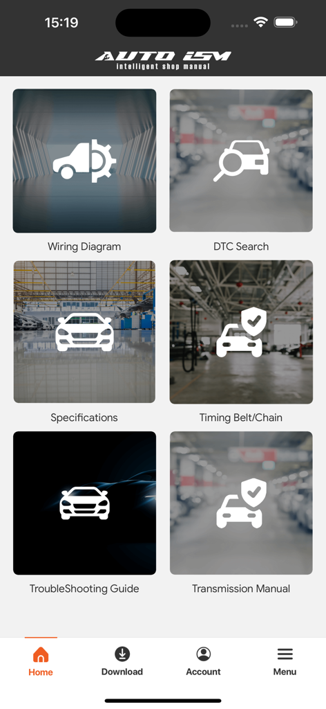 Auto ISM - Dashboard der Auto ISM App mit verschiedenen Kategorien für Kfz-Reparaturen, einschließlich Schaltpläne und DTC-Suche.