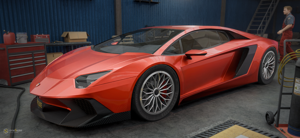 OneState RP: Role Play Online - Um elegante supercarro vermelho personalizado em uma oficina mecânica do jogo mobile OneState RP.