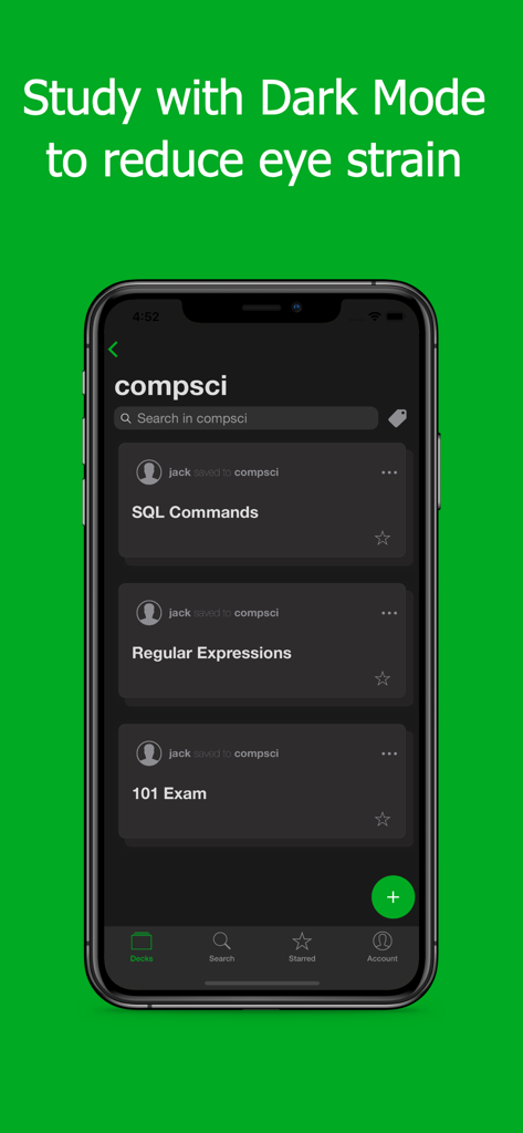 Flashcards Maker Flash Cards - Flashcards.io Mobile App Benutzeroberfläche im Dark Mode mit Lern-Decks für Informatik wie SQL-Befehle und reguläre Ausdrücke