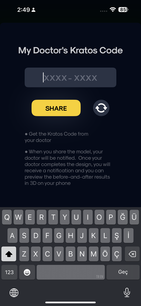 Kratos Surgery - A screen in the Kratos Surgery app where users enter their doctor's unique code to share their 3D facial scan for professional simulation and consultation.