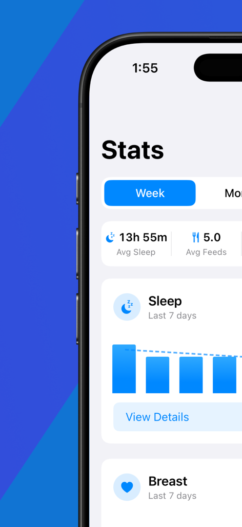 Baby Tracker - Feed & Sleep - Baby Tracker app screen showing weekly sleep and feeding statistics