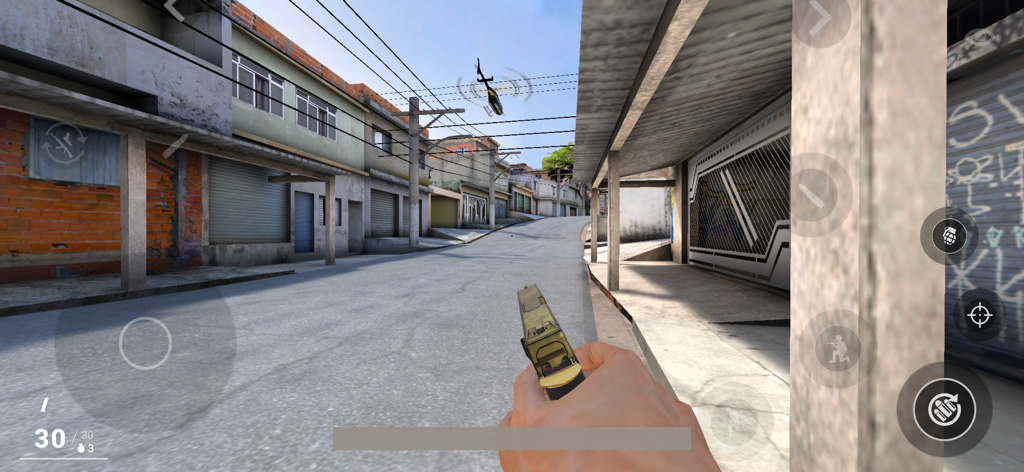 Complexo Favela - First person tactical shooter gameplay in a Brazilian favela street showing a gold handgun and a helicopter