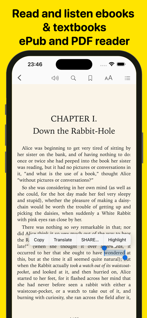 iPhone-Bildschirm mit einer E-Book-Reader-Oberfläche mit Textauswahl- und Kommentierungsoptionen