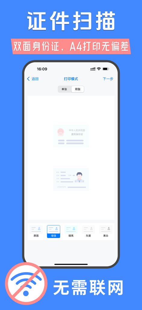 证件水印 - 扫描身份证水印照片保障隐私安全 - Interface of an ID scanning app showing a double-sided identity card formatted for A4 printing with a no internet required icon